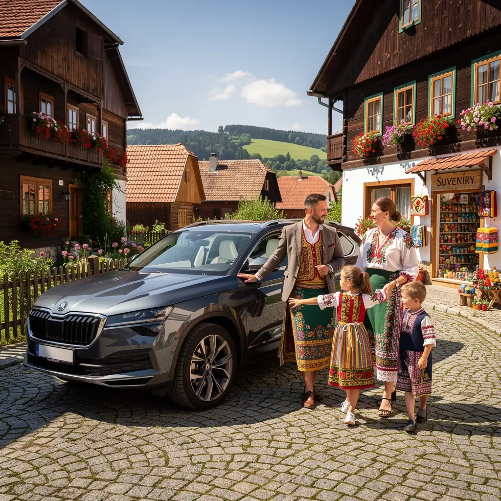 Svetlý športový automobil zaparkovaný pred majestátnymi horami